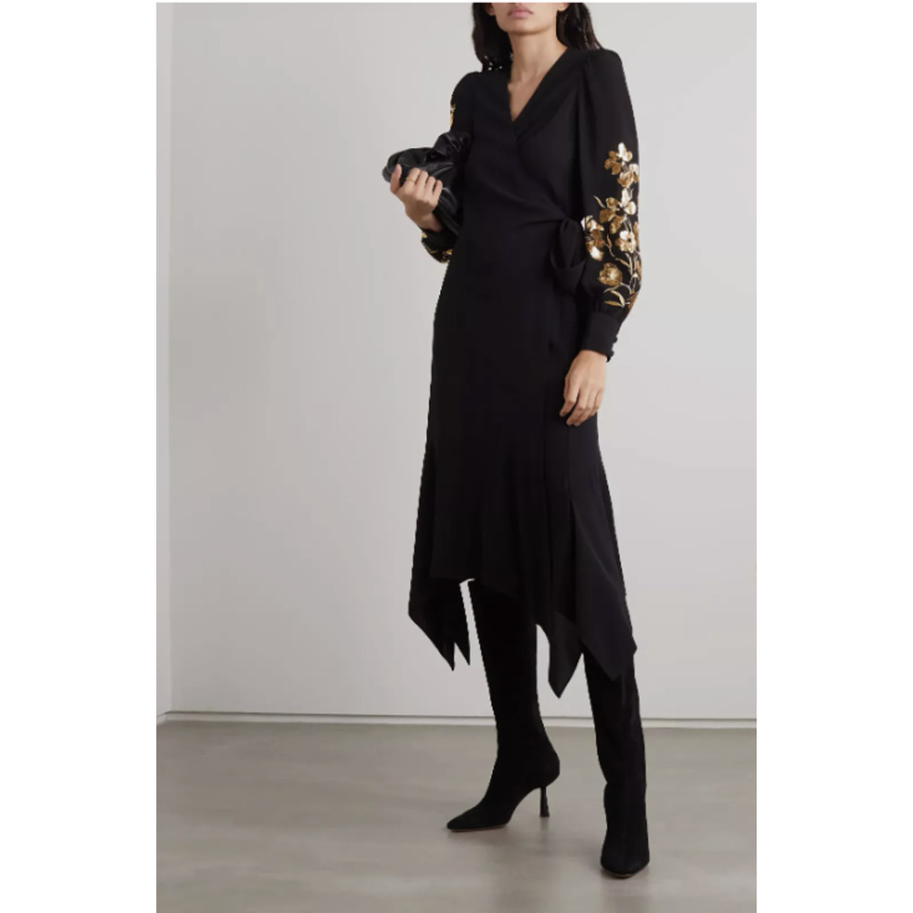 Defect Tory Burch EMBROIDERED WRAP Midi DRESS Sz 2 Golden Sequins Black #2A458